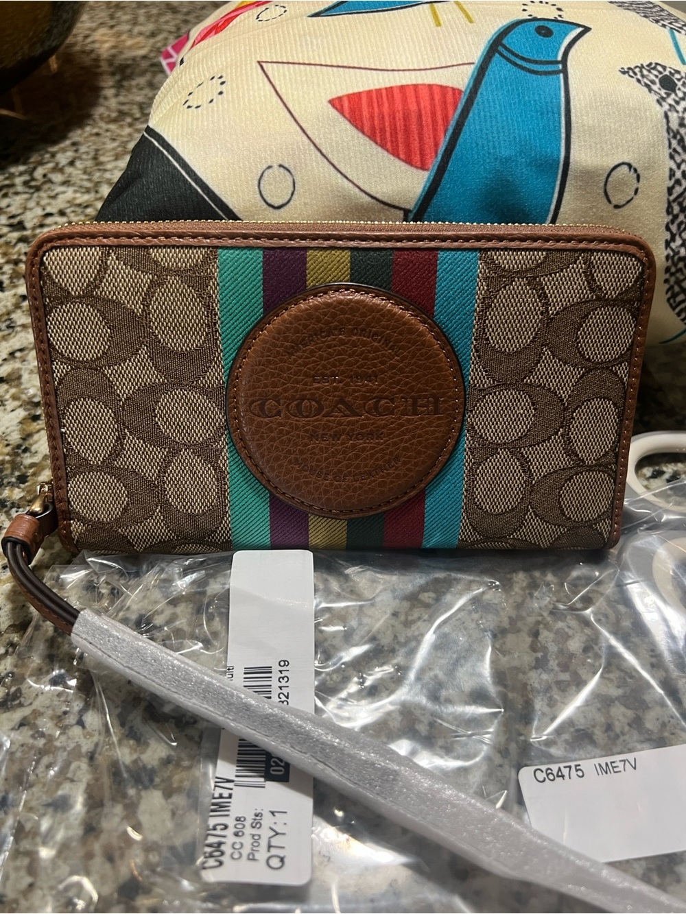 Coach Brown Signature Canvas Zip Wallet with Teal, Purple, Yellow & Red Stripes - Picture 1 of 3